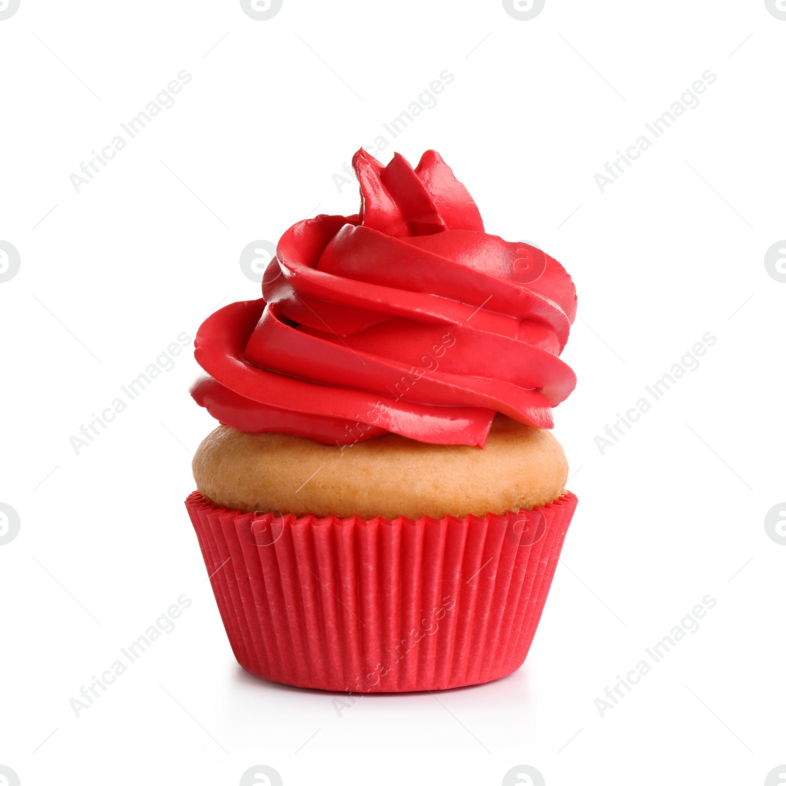 Photo of Delicious birthday cupcake with buttercream isolated on white