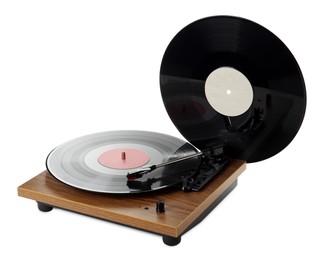 Photo of Modern turntable with vinyl records on white background