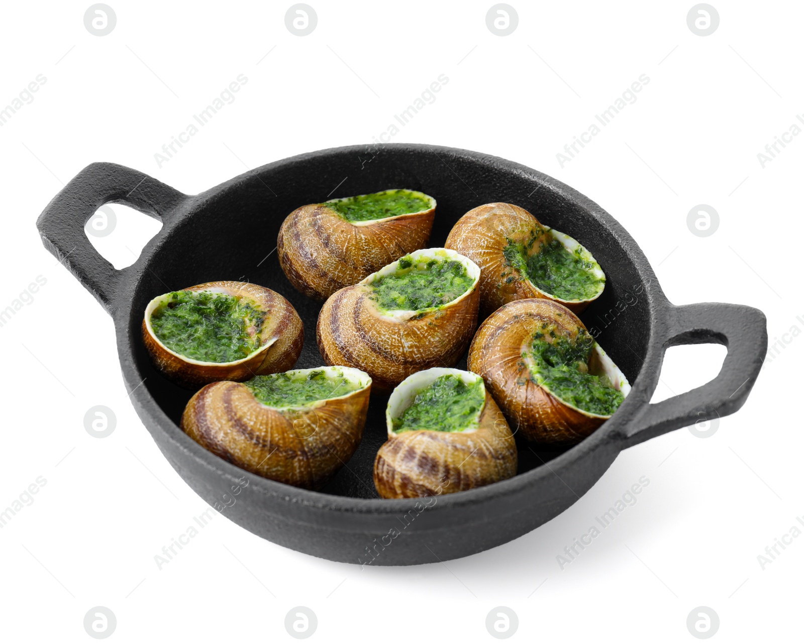 Photo of Delicious cooked snails in baking dish isolated on white