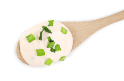 Photo of Fresh sour cream with onion on white background, top view