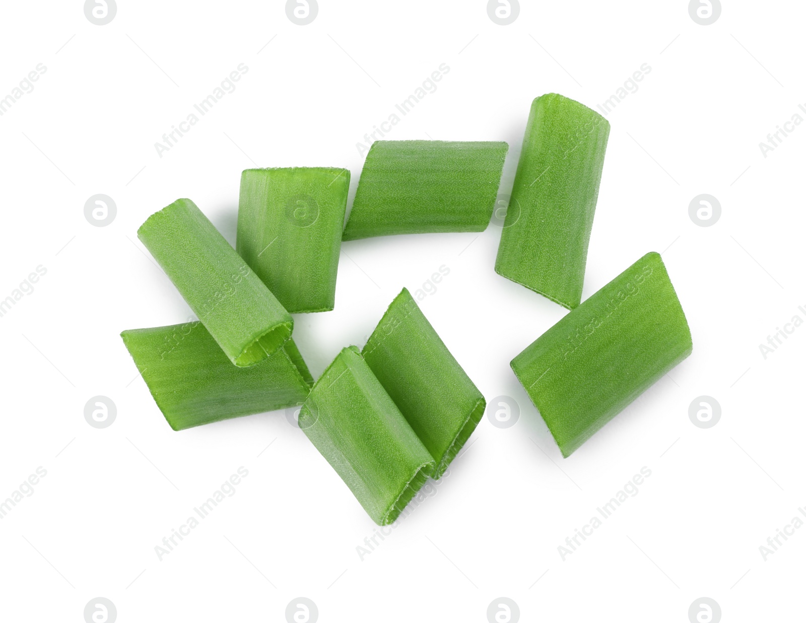 Photo of Pile of fresh green onion isolated on white, top view