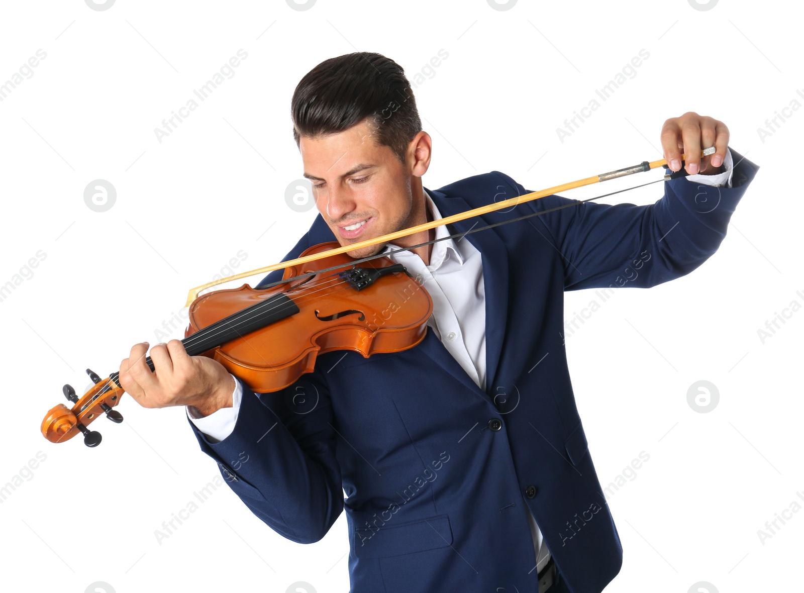 Photo of Happy man playing violin on white background