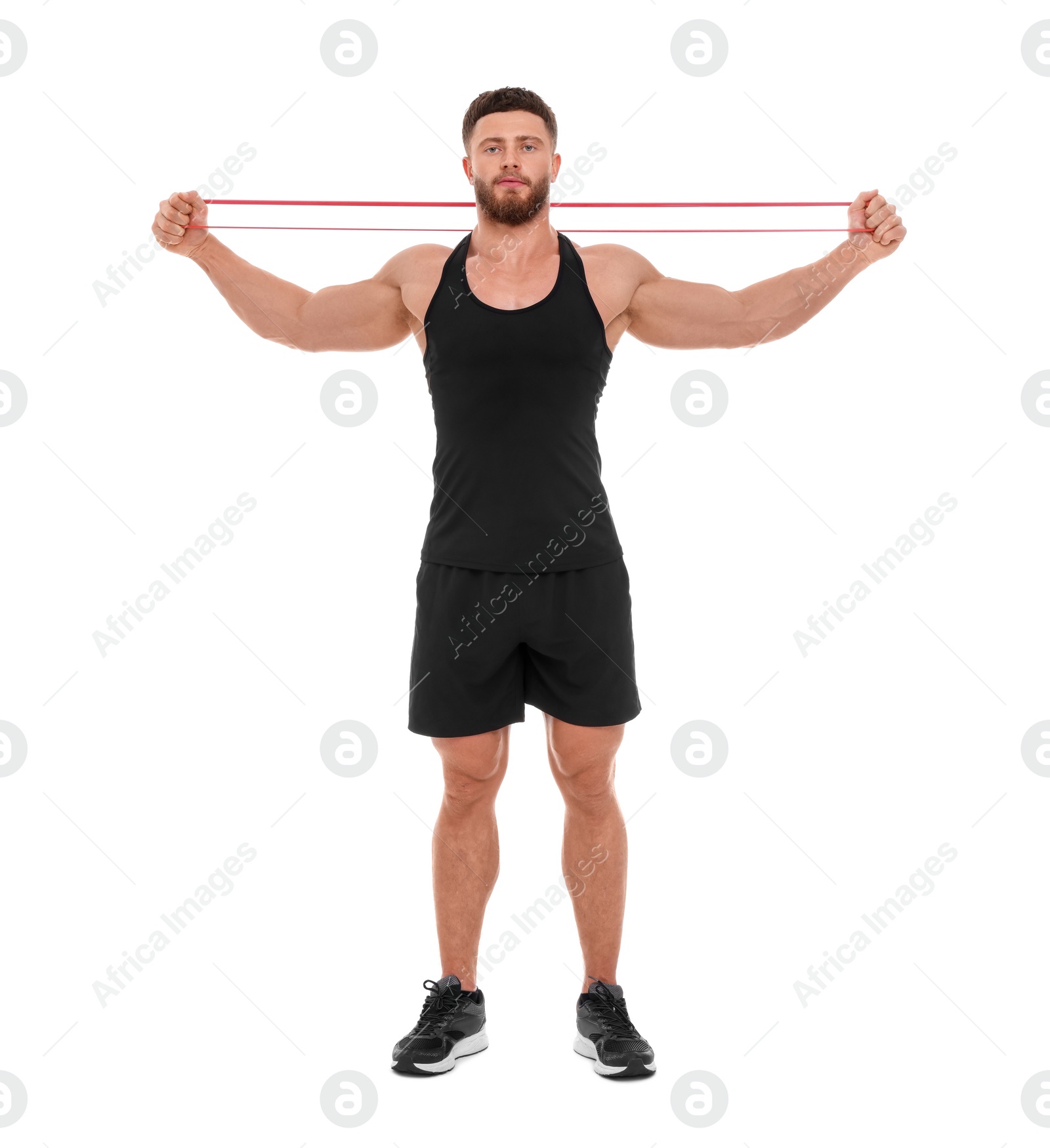 Photo of Young man exercising with elastic resistance band on white background