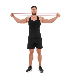 Photo of Young man exercising with elastic resistance band on white background