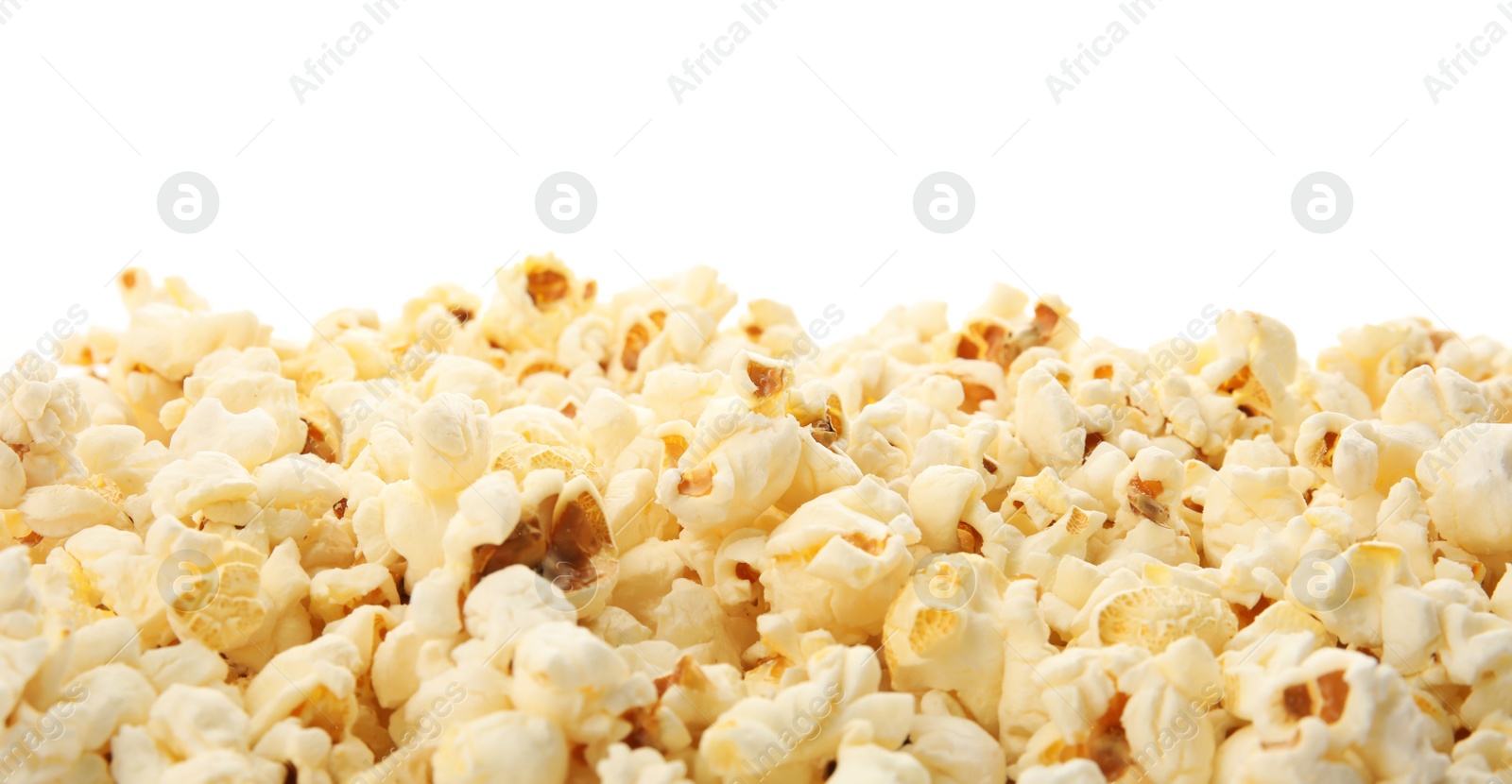 Photo of Pile of tasty fresh popcorn on white background