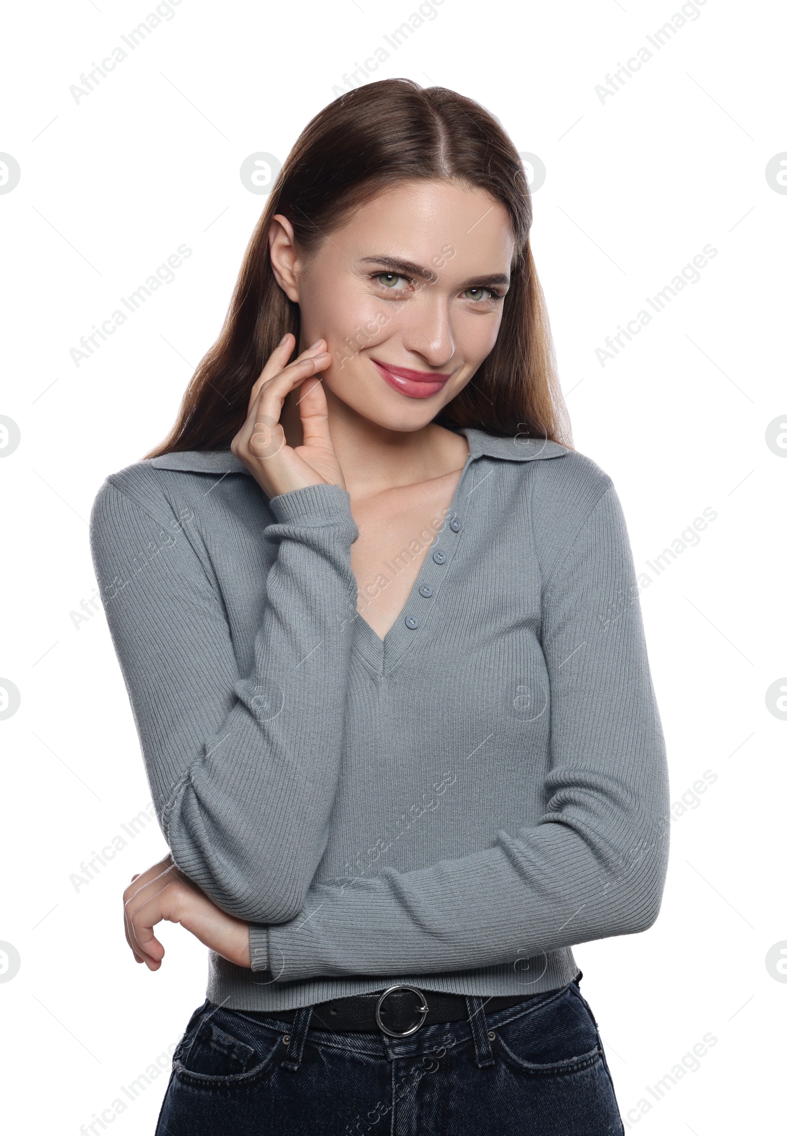 Photo of Embarrassed young woman in shirt on white background