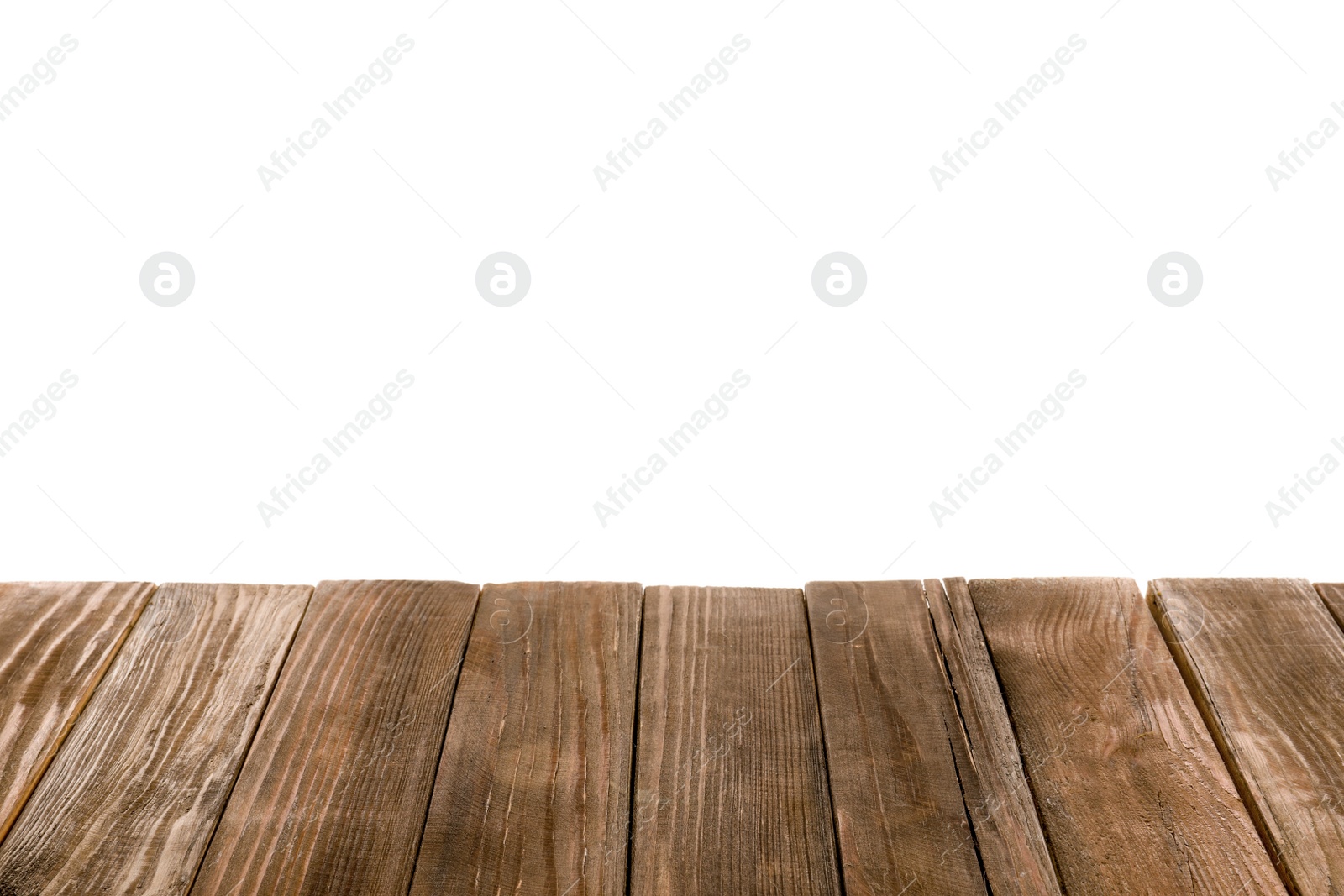 Photo of Empty wooden table surface on white background