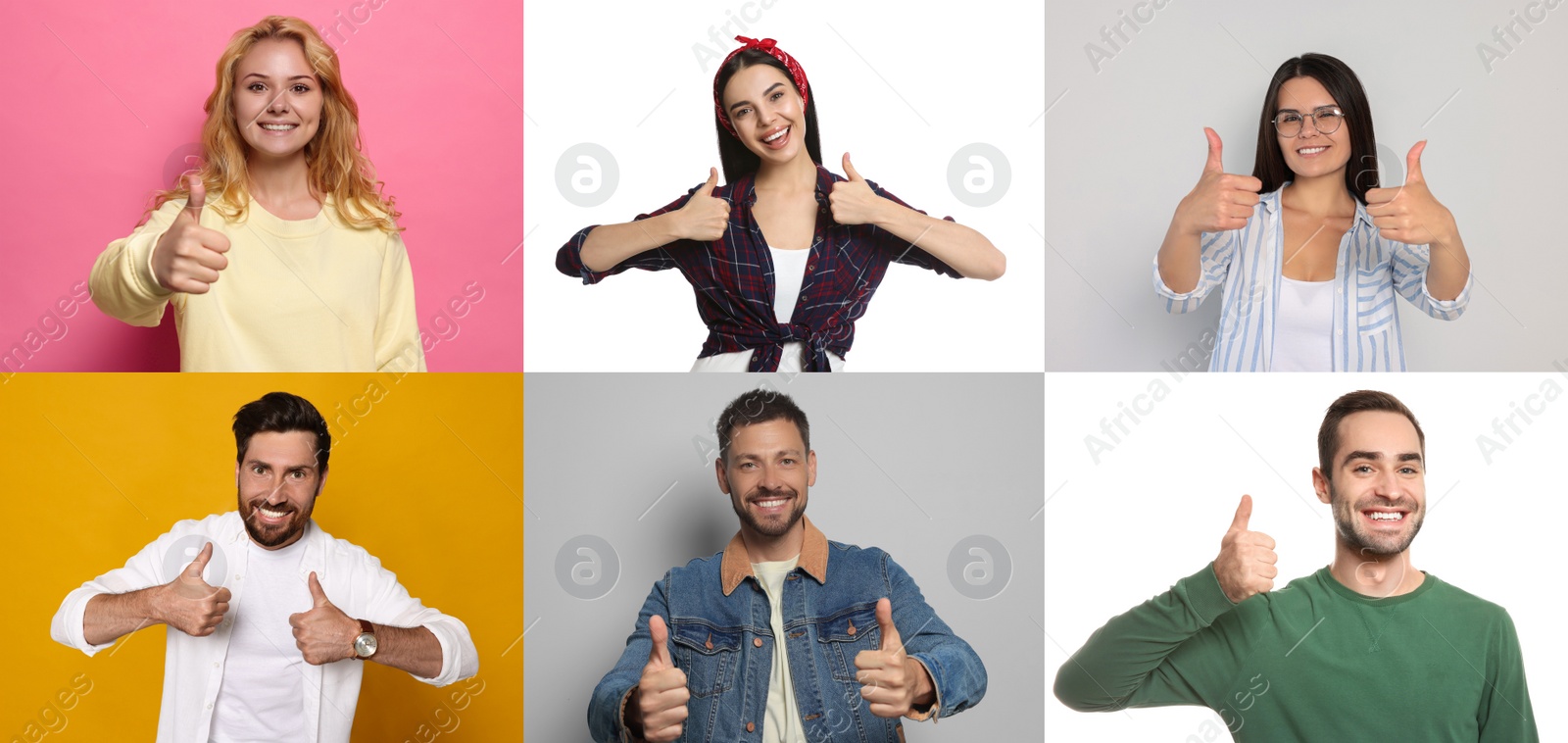 Image of Collage with photos of people showing thumbs up on different color backgrounds