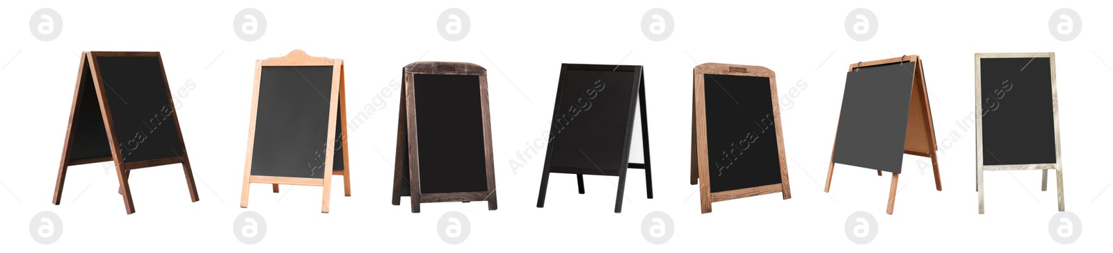 Image of Set with blank advertising A-boards on white background, banner design. Mockup for design