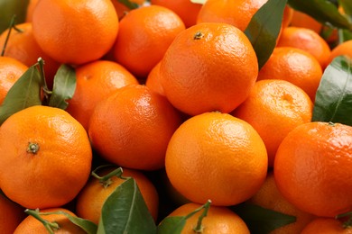 Delicious tangerines with leaves as background, closeup