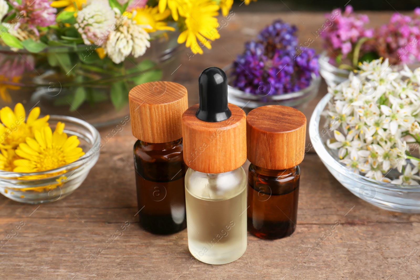 Photo of Bottles of essential oils and many beautiful flowers on wooden table