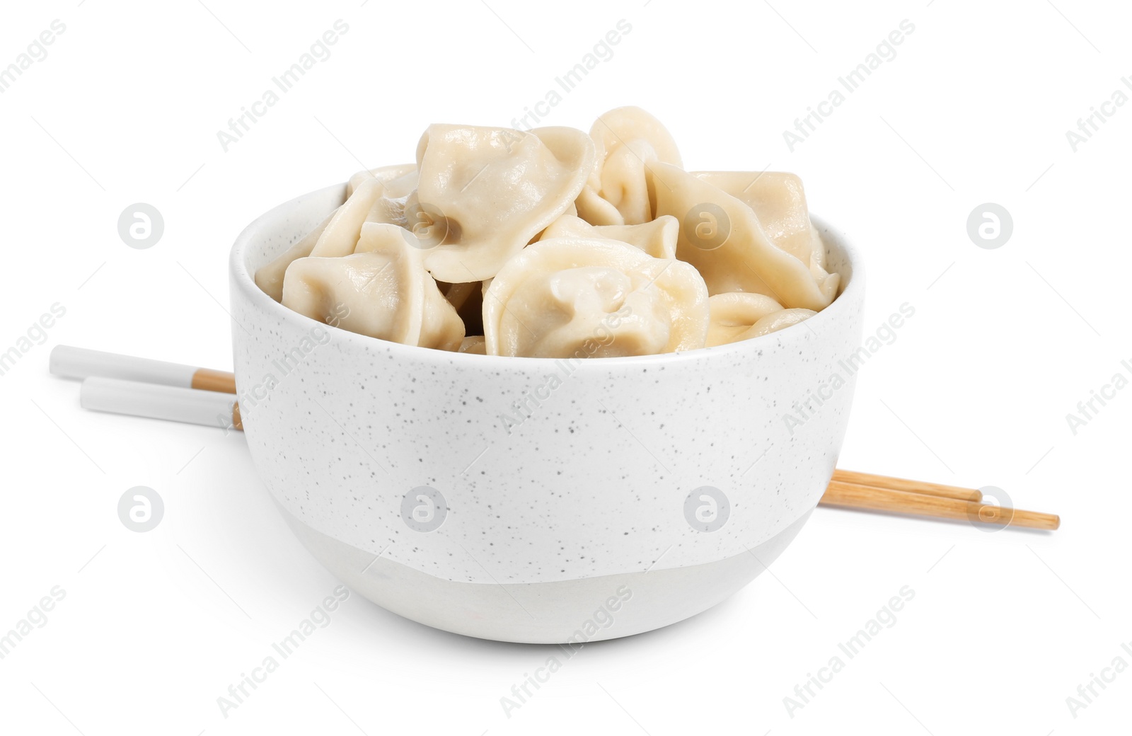 Photo of Tasty dumplings in bowl isolated on white