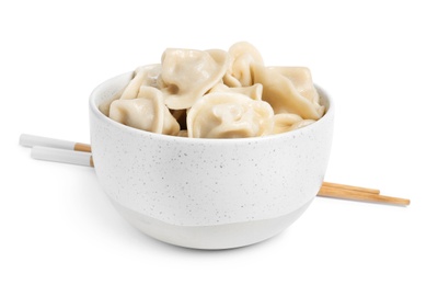 Photo of Tasty dumplings in bowl isolated on white