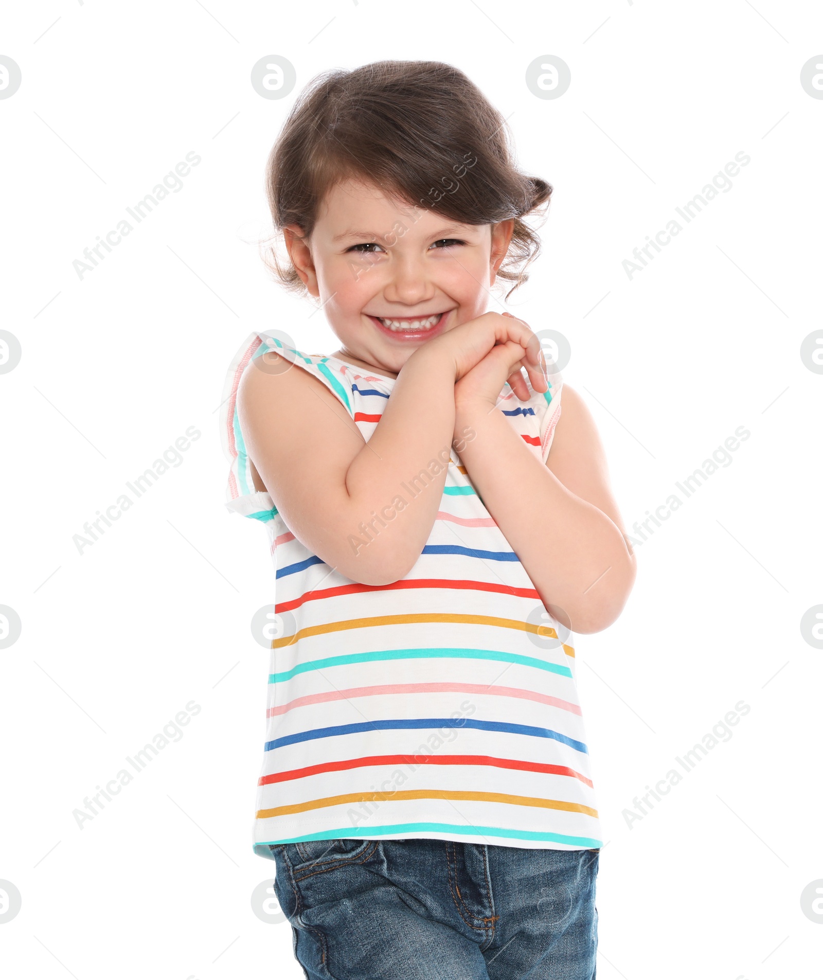 Photo of Portrait of happy little girl in casual outfit on white background