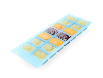Photo of Different puree in ice cube tray isolated on white. Ready for freezing