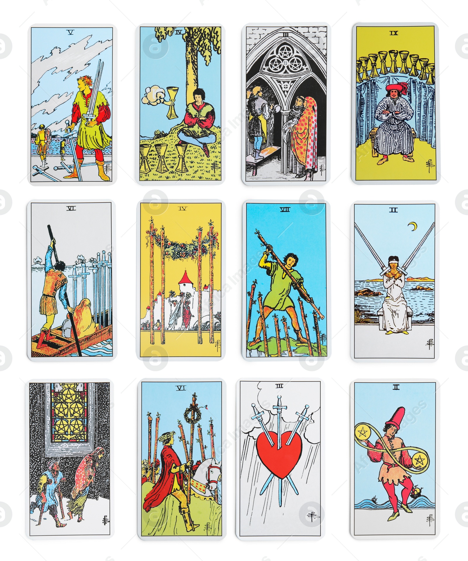 Image of Set with different tarot cards on white background