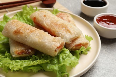 Photo of Delicious fried spring rolls served on grey table, closeup
