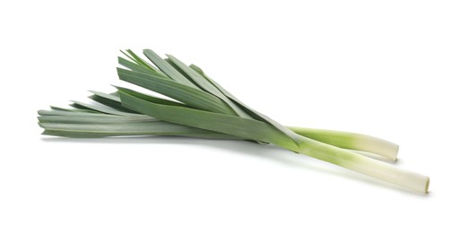 Fresh raw leeks on white background. Ripe onion