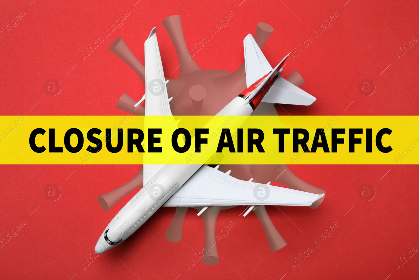 Image of Closure of air traffic through quarantine during coronavirus outbreak. Airplane on red background, top view