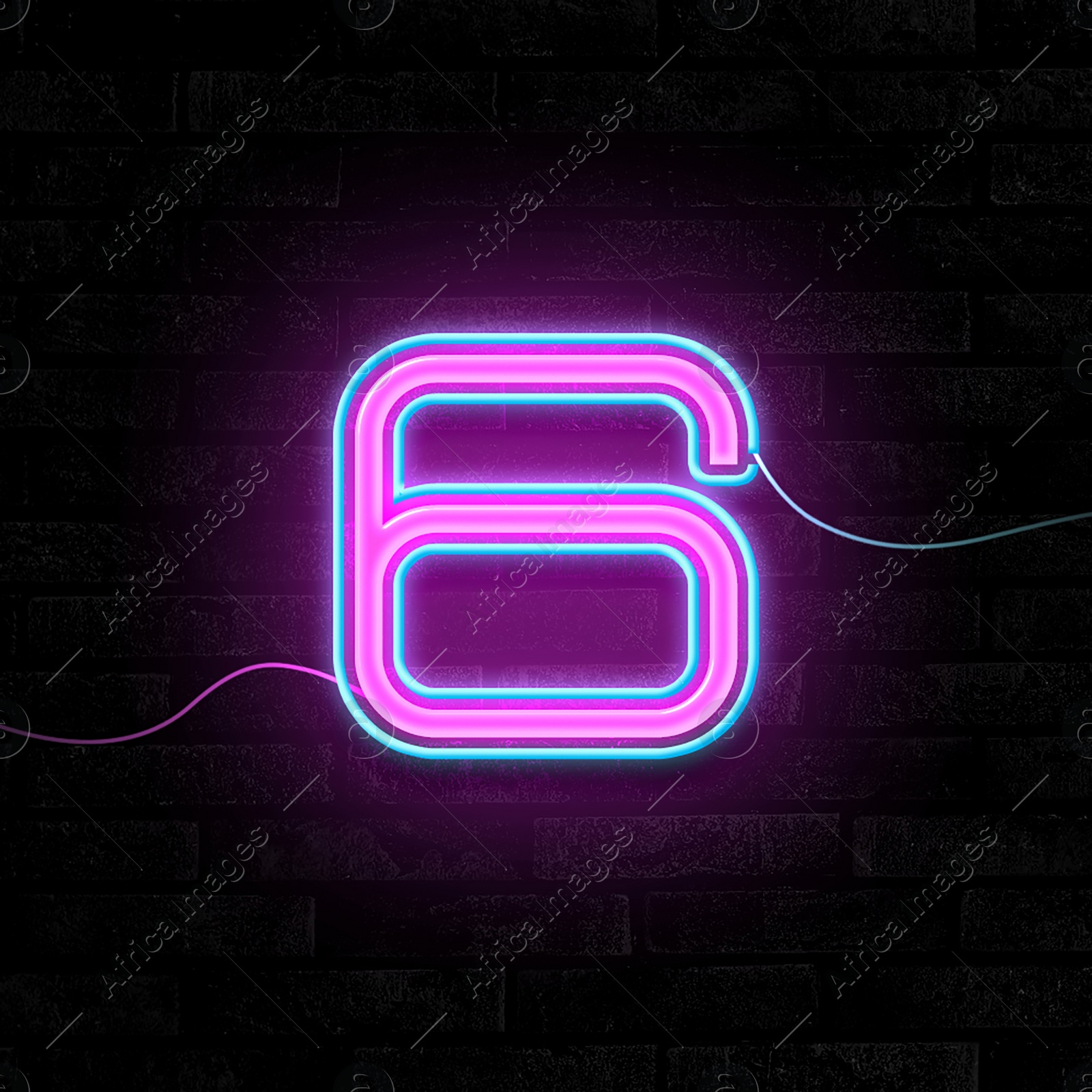 Image of Glowing neon number 6 sign on brick wall