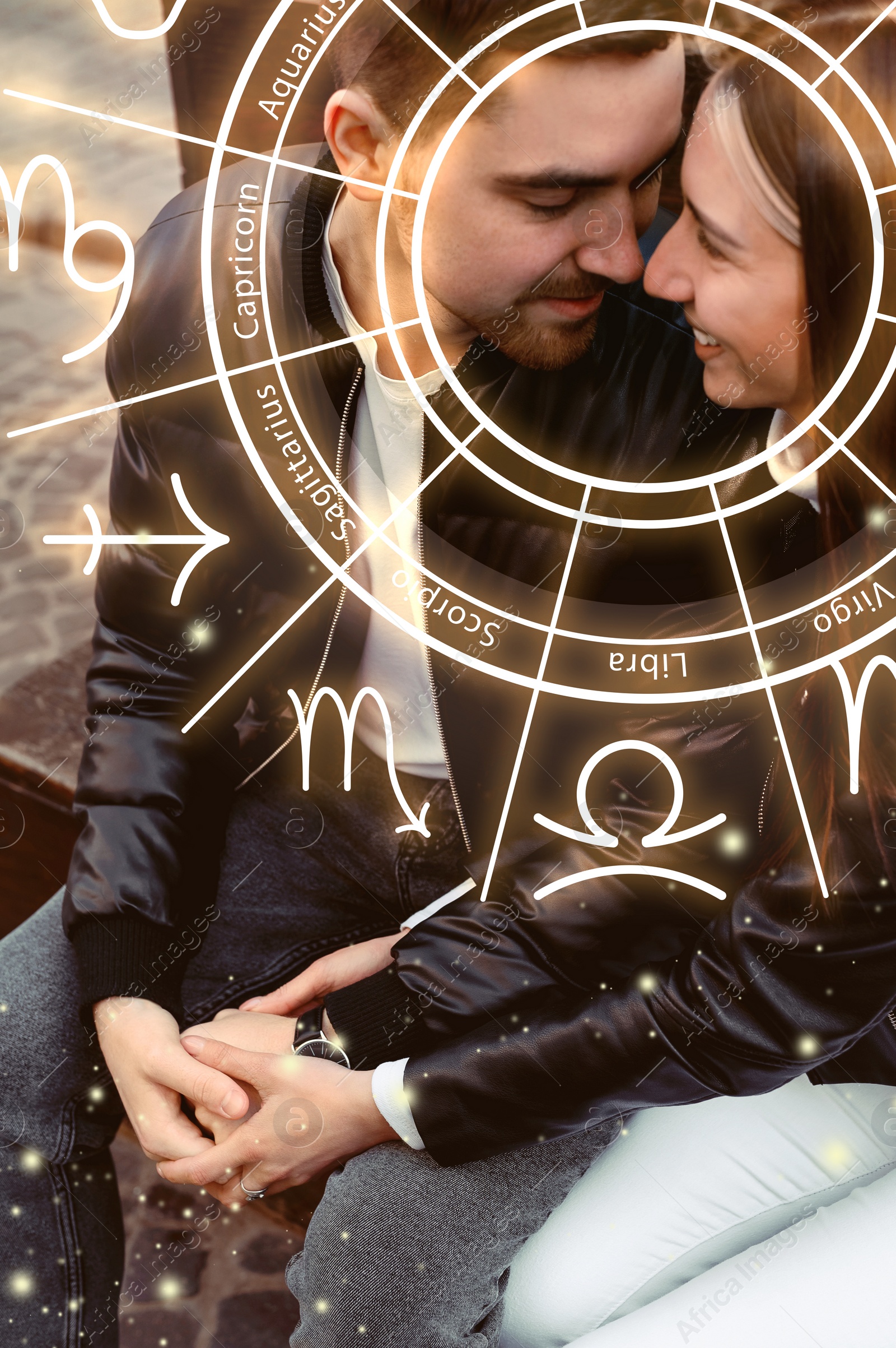 Image of Horoscope compatibility. Loving couple outdoors and zodiac wheel