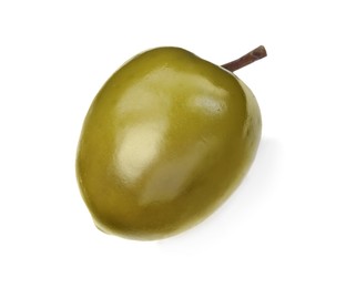Photo of One fresh green olive isolated on white, top view