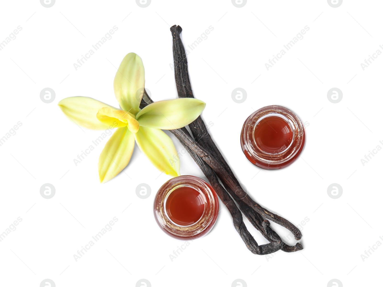 Photo of Vanilla extract, flower and dry pods isolated on white, top view