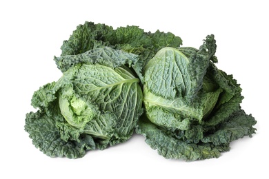 Photo of Fresh green savoy cabbages on white background