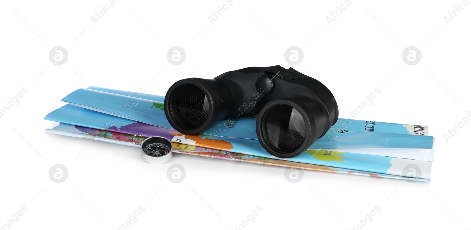 Photo of Modern binoculars, compass and map on white background