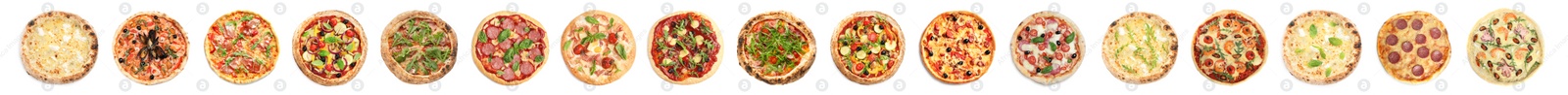 Image of Set with different delicious pizzas on white background, top view. Banner design