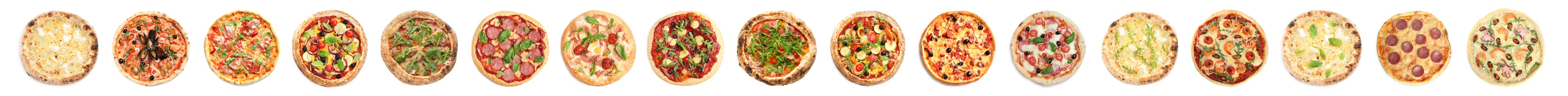 Set with different delicious pizzas on white background, top view. Banner design