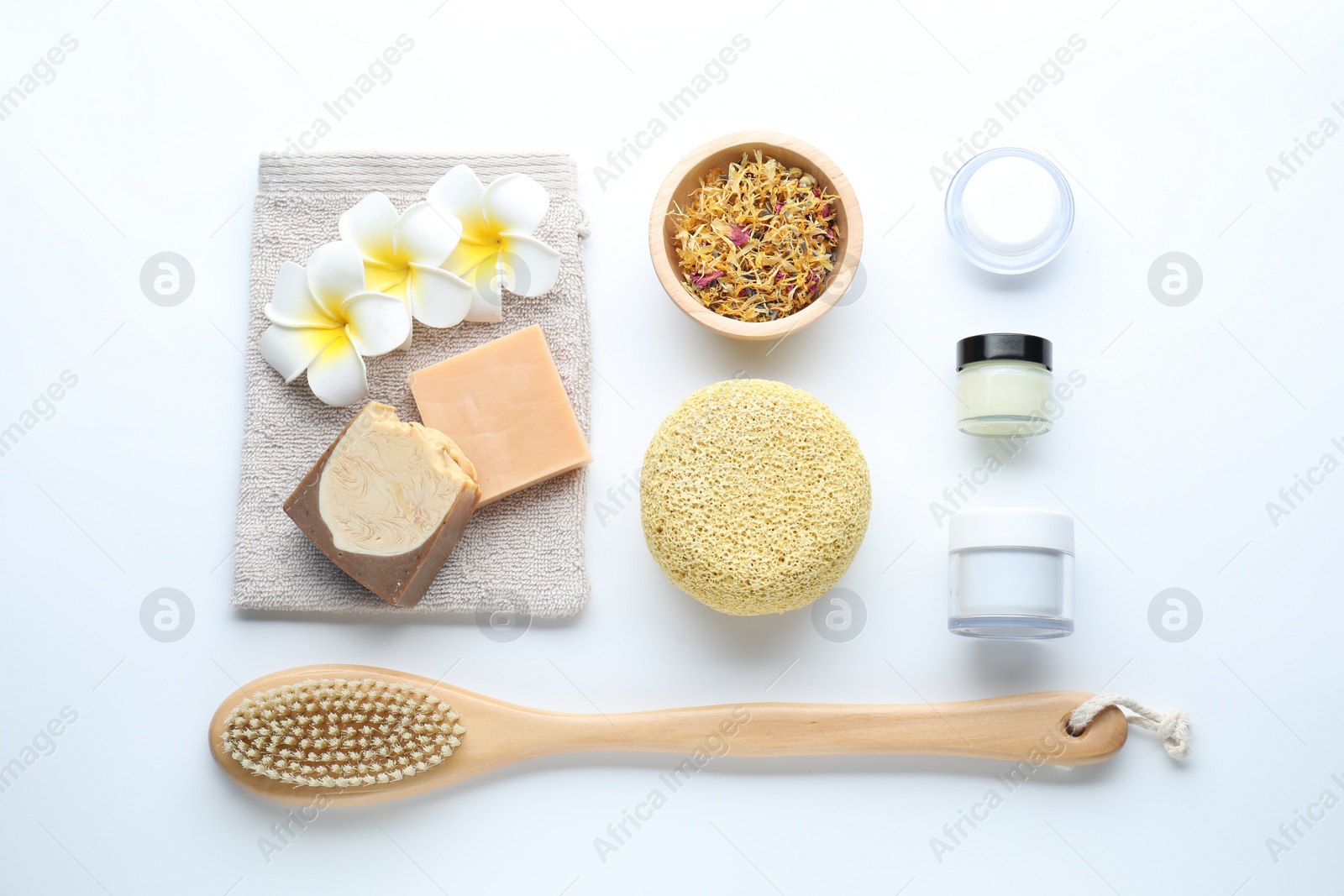 Photo of Bath accessories. Flat lay composition with personal care products on white background