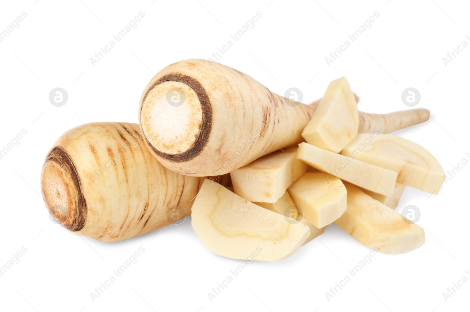 Photo of Tasty fresh ripe parsnips on white background