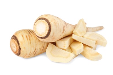 Photo of Tasty fresh ripe parsnips on white background