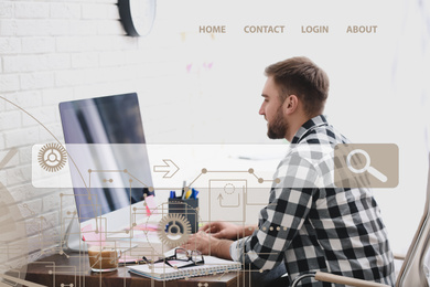 Image of Search bar of internet browser and male designer working at desk in office. Double exposure