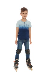 Photo of Full length portrait of boy with inline roller skates on white background