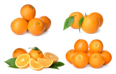 Image of Set with tasty ripe oranges on white background