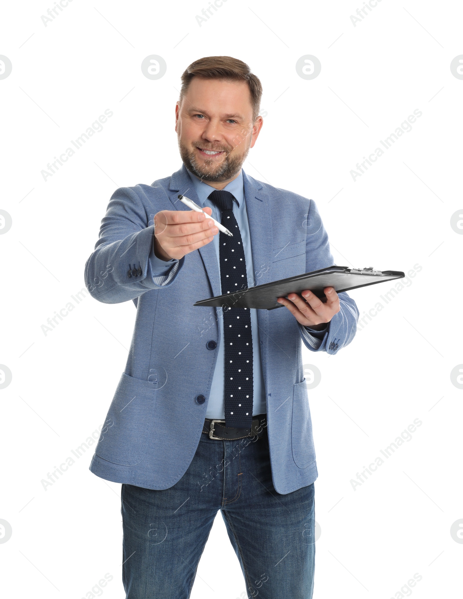 Photo of Real estate agent with documents for signing on white background