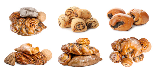 Image of Set of different pastries with poppy seeds on white background. Banner design 