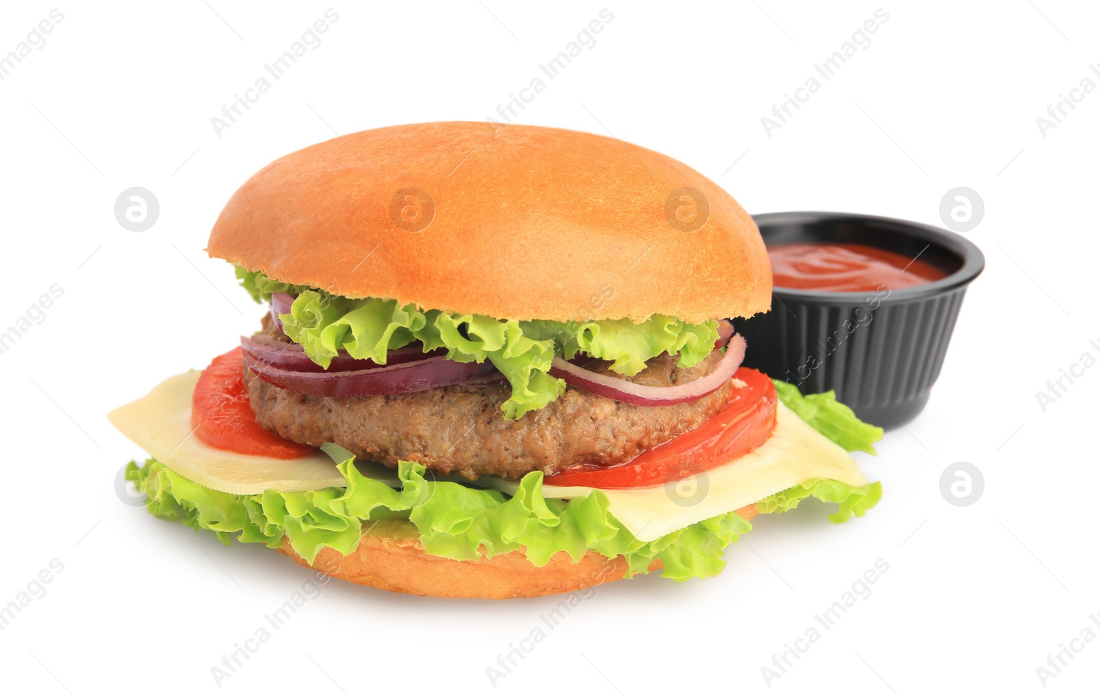 Photo of Tasty burger with vegetables, patty, cheese and ketchup isolated on white