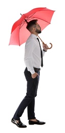 Photo of Businessman with red umbrella on white background