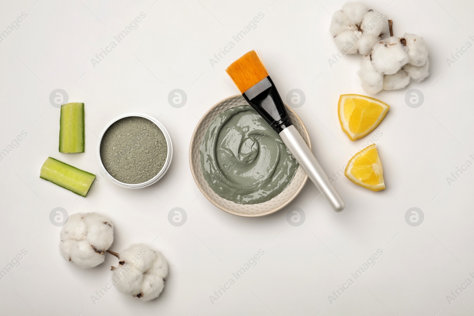 Photo of Homemade effective acne remedy and ingredients on white background