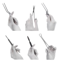 Collage with photos of doctors holding different surgical instruments on white background, closeup 