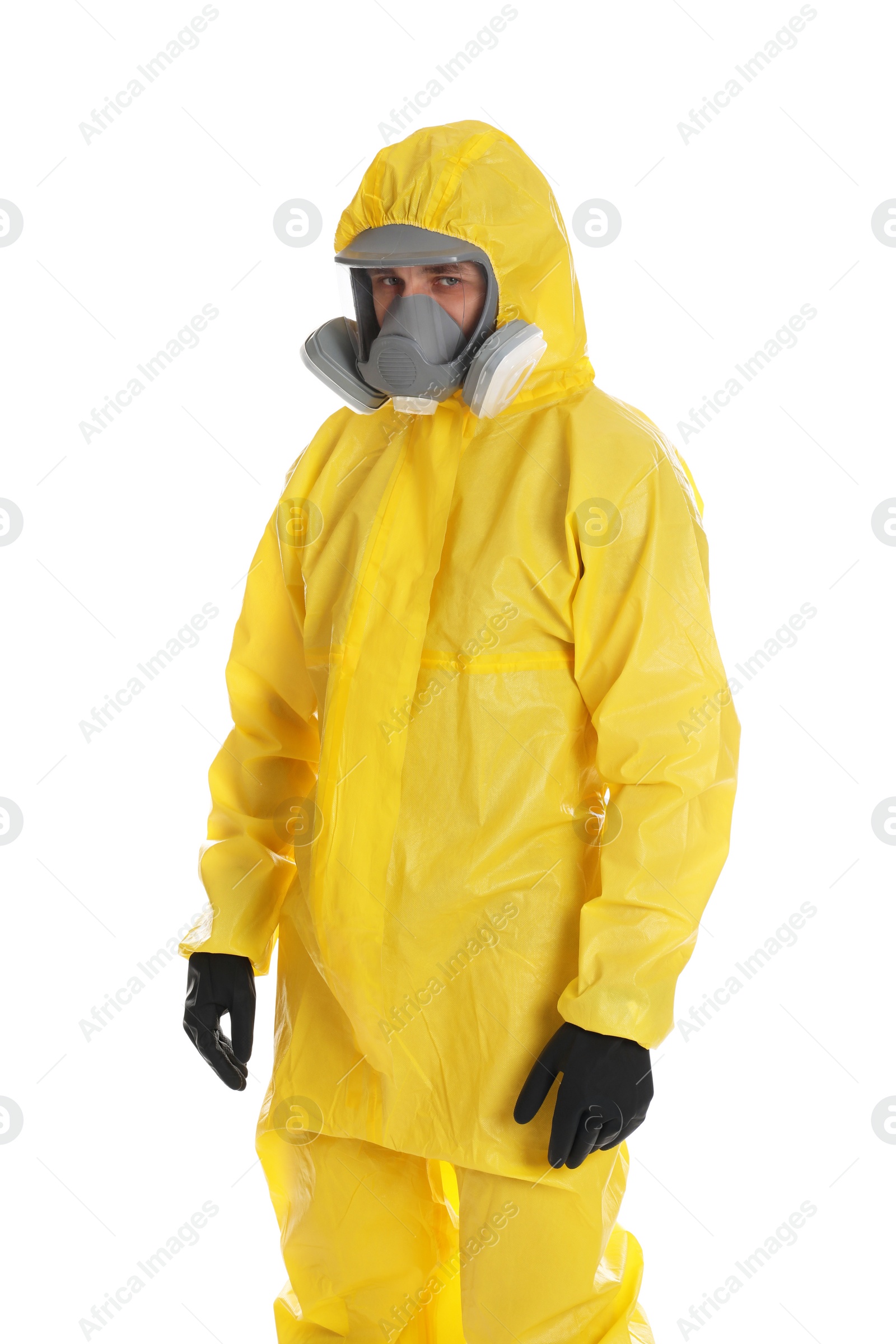 Photo of Man wearing chemical protective suit on white background. Prevention of virus spread