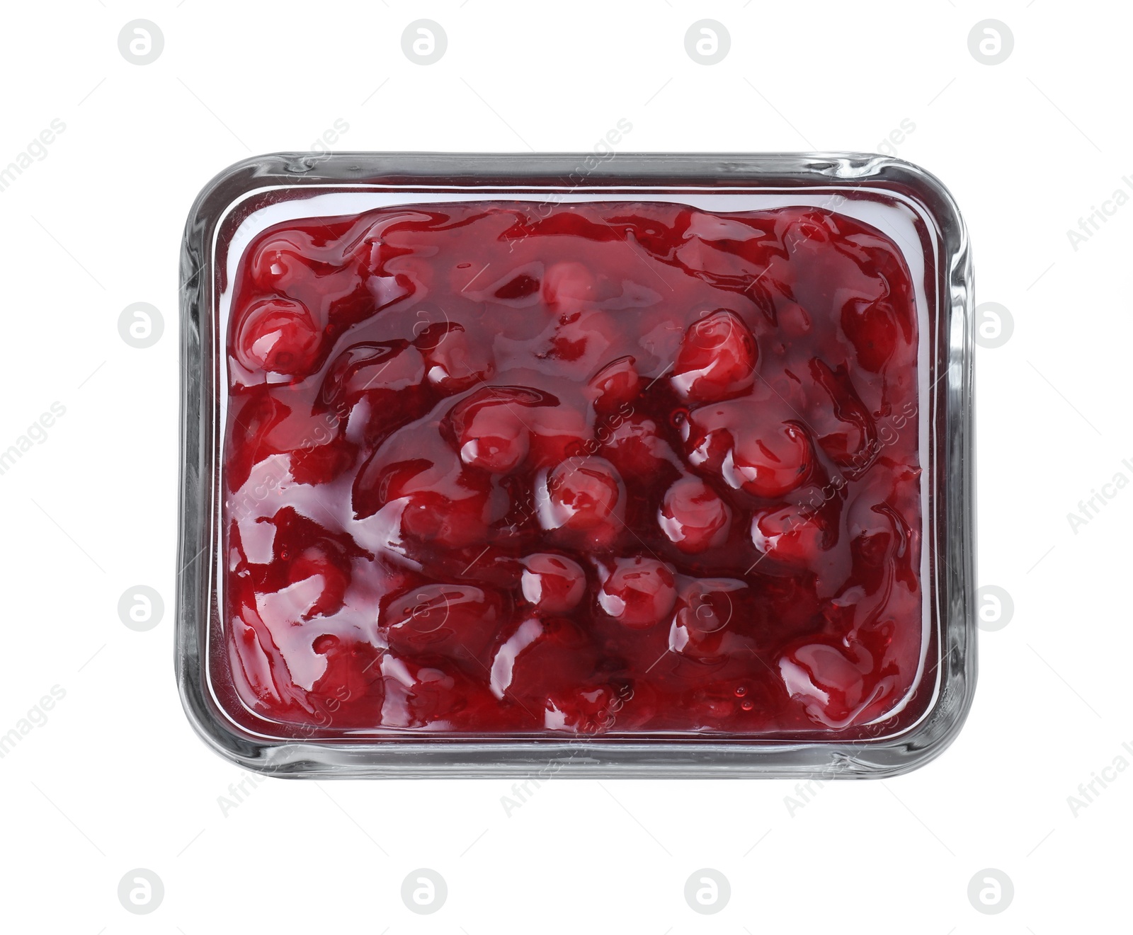 Photo of Fresh cranberry sauce in glass bowl isolated on white, top view