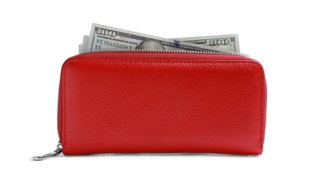 Photo of Stylish red leather purse with dollar banknotes on white background