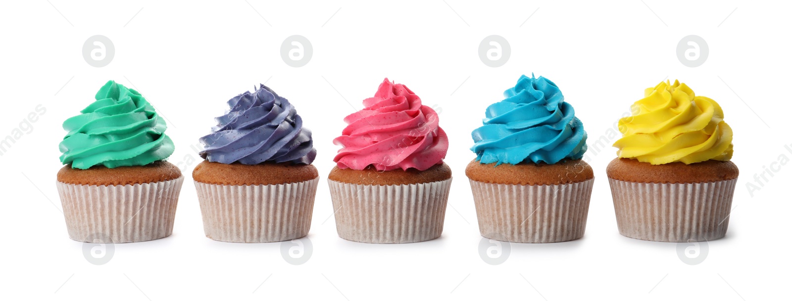 Photo of Different delicious colorful cupcakes on white background