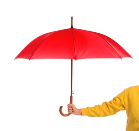 Photo of Person holding beautiful open umbrella on white background