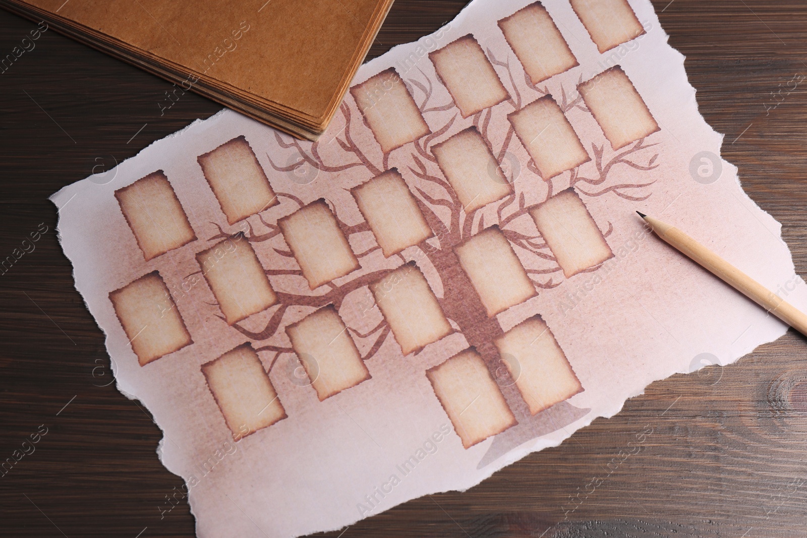 Photo of Blank family tree, notebook and pencil on wooden table, flat lay. Mockup for design