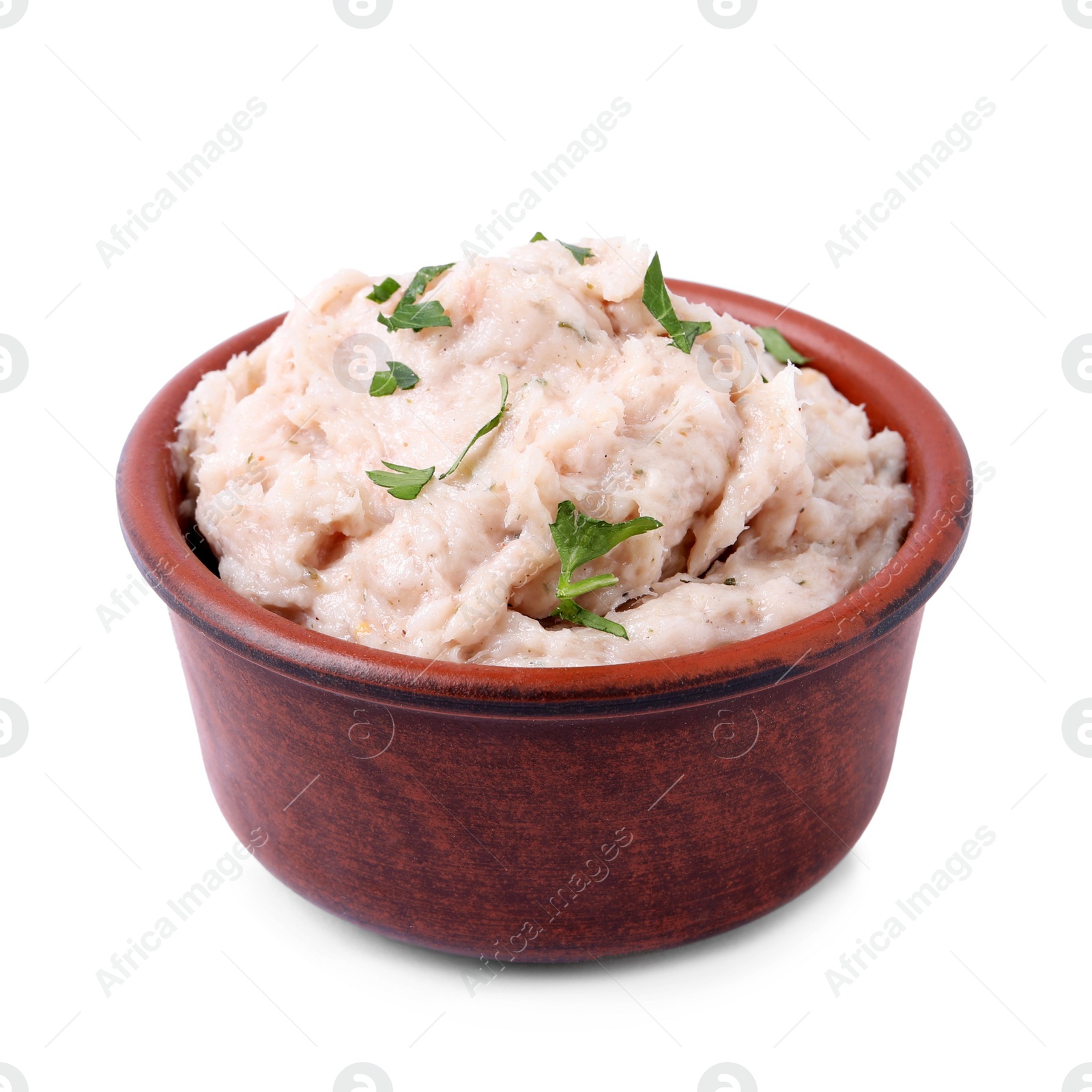 Photo of Delicious lard spread in bowl isolated on white